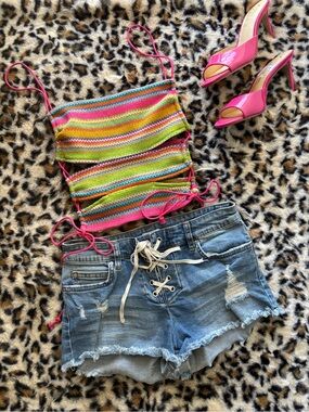 Princess Polly Multicolor Striped Crochet Top with Pink Ties